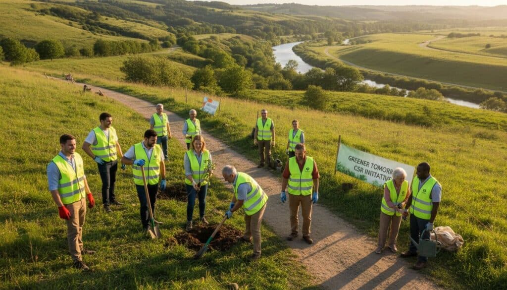 Empleados participando en una actividad de reforestación como parte de un programa de responsabilidad social corporativa empresarial