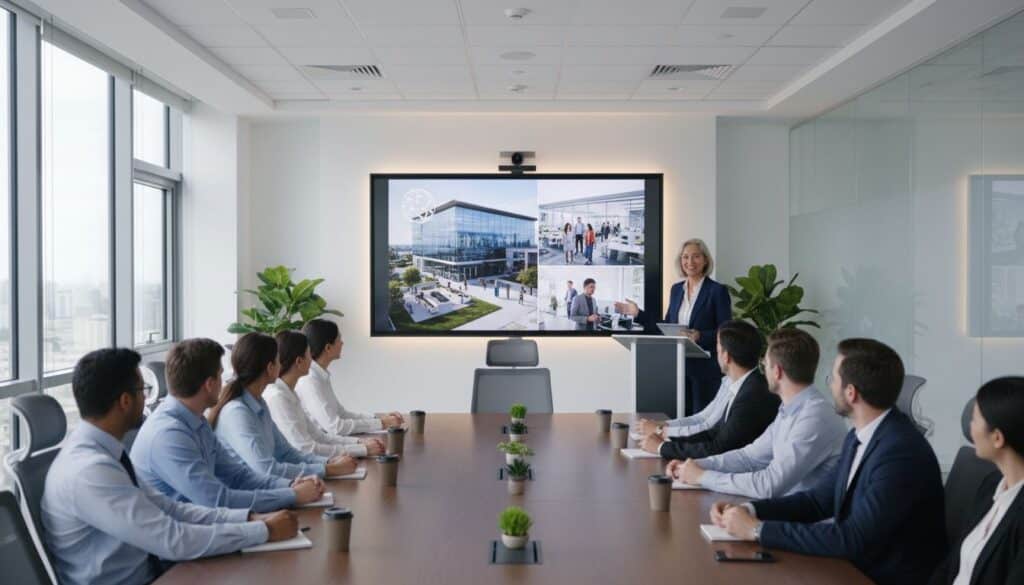 Empleados viendo un video de bienvenida empresarial durante una sesión de onboarding en una sala de juntas corporativa