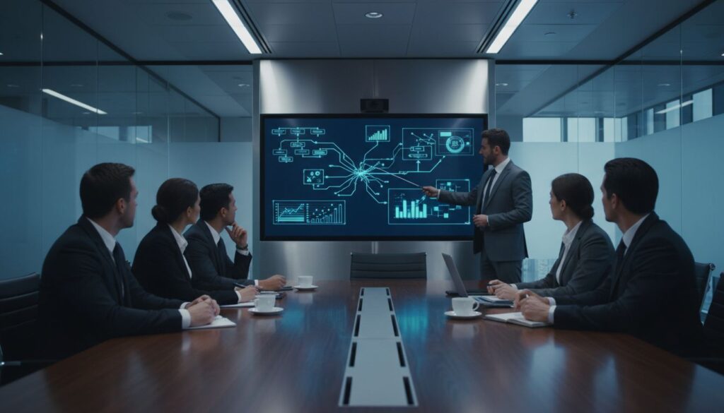 Equipo de trabajo viendo un video explicativo empresarial con diagramas y gráficos en una sala de reuniones