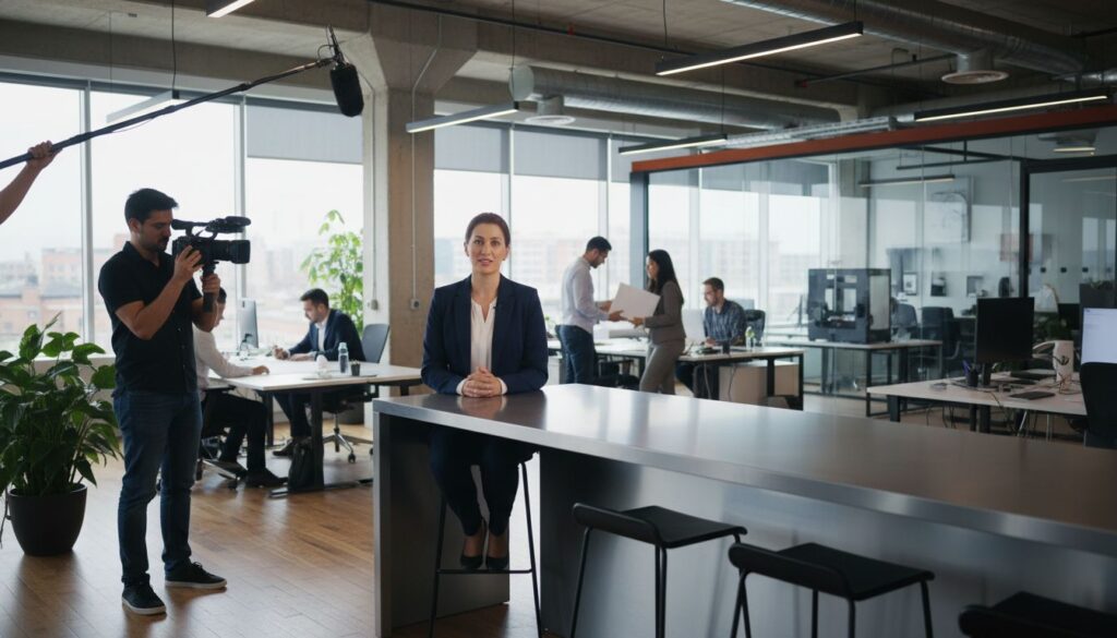 Grabación de un video de marca empresarial donde un directivo habla frente a cámara en un entorno corporativo