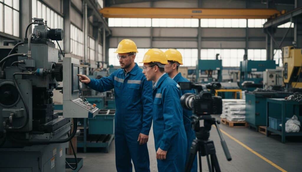 Ingeniero mostrando el funcionamiento de una máquina durante la grabación de un video demostrativo de producto industrial
