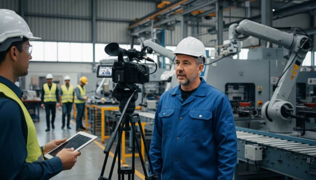 Cliente de empresa industrial dando un testimonio en video durante una entrevista grabada en planta