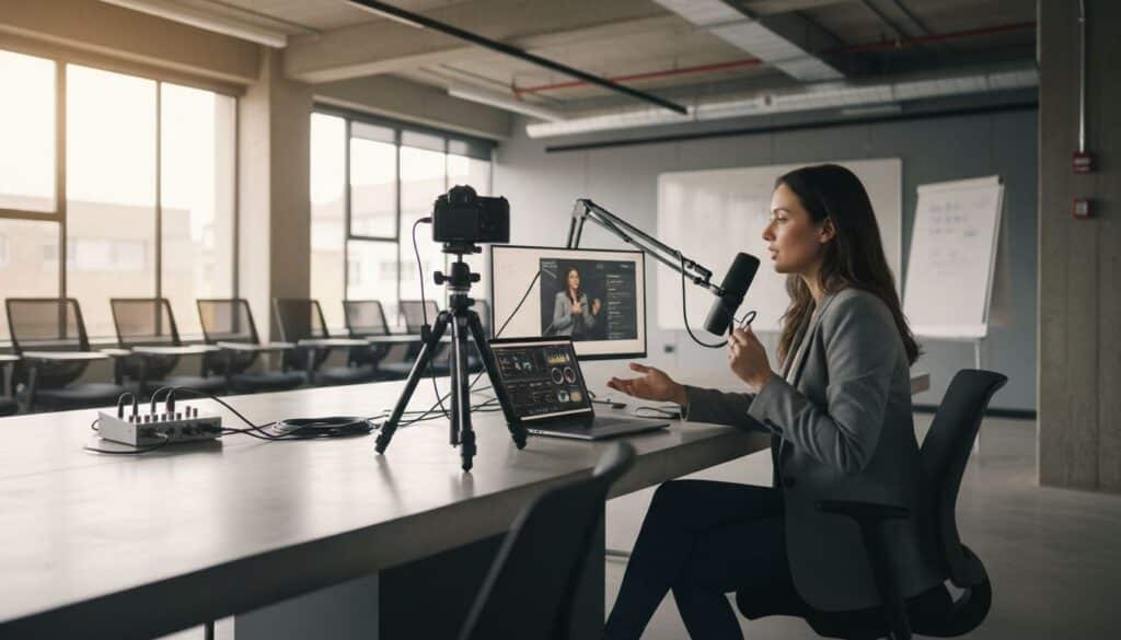 Instructor grabando un video tutorial empresarial en entorno corporativo para capacitación interna.