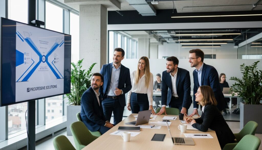 Colaboradores viendo video de comunicación interna en sala de capacitación empresarial.