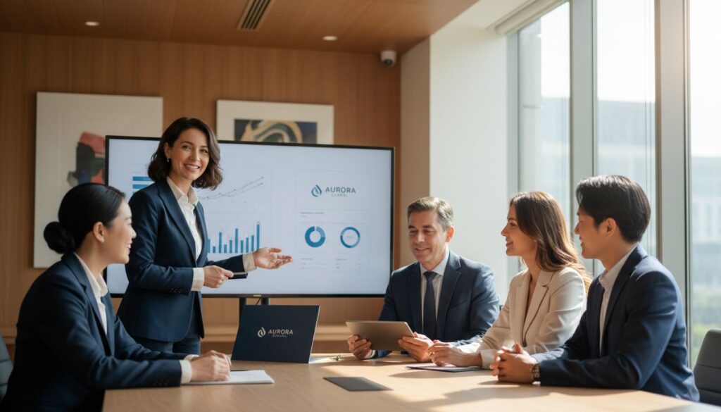 Equipo directivo en una reunión de comunicación corporativa presentando información institucional, resultados y mensajes empresariales en un ambiente cálido y profesional.