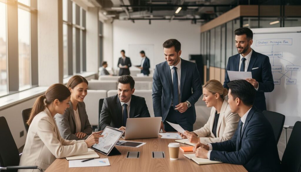 Equipo profesional trabajando la comunicación empresarial en una empresa mediante coordinación, revisión de documentos y colaboración entre áreas.