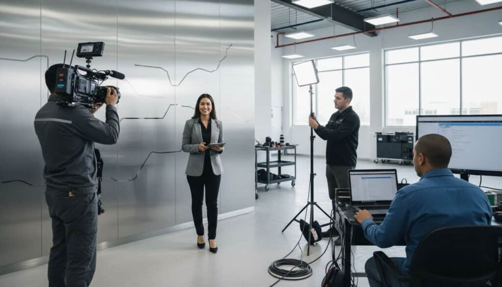 Equipo de producción grabando un video de inducción para una empresa.