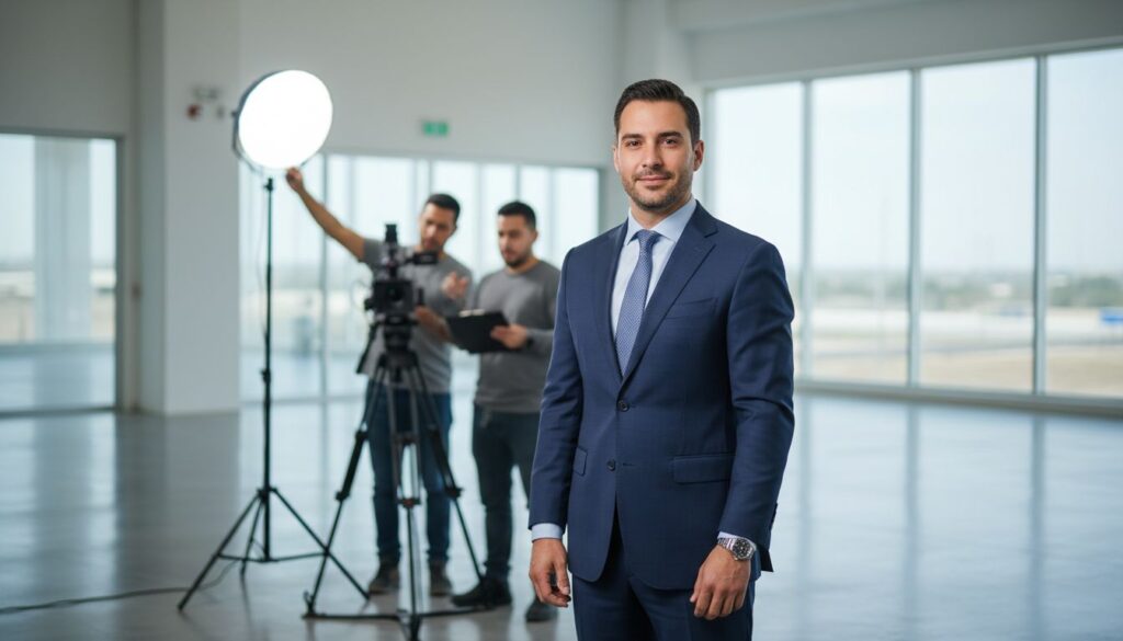 Representante de empresa en foco mientras un equipo de grabación trabaja al fondo.