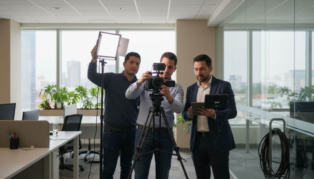Equipo profesional grabando un video corporativo para comunicación empresarial.