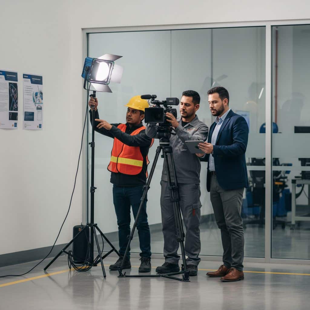 Equipo profesional grabando un video de capacitación para comunicación interna empresarial.