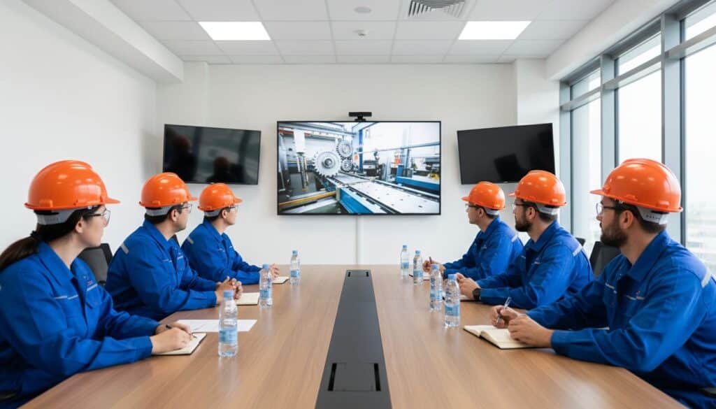 Equipo industrial en sala de juntas viendo un video de capacitación en una pantalla.