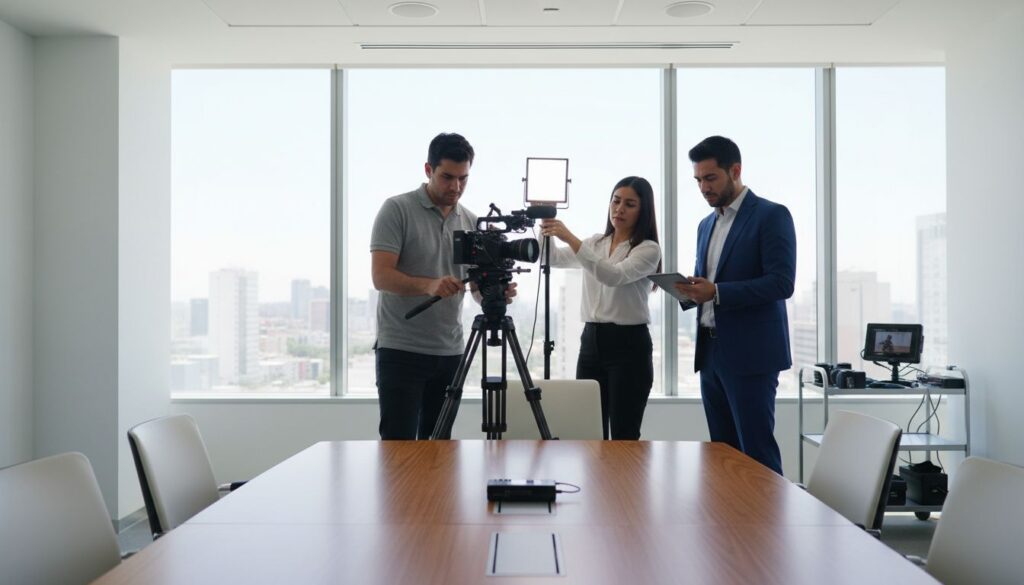Equipo pequeño de grabación audiovisual trabajando de forma ordenada en una producción corporativa dentro de una oficina.
