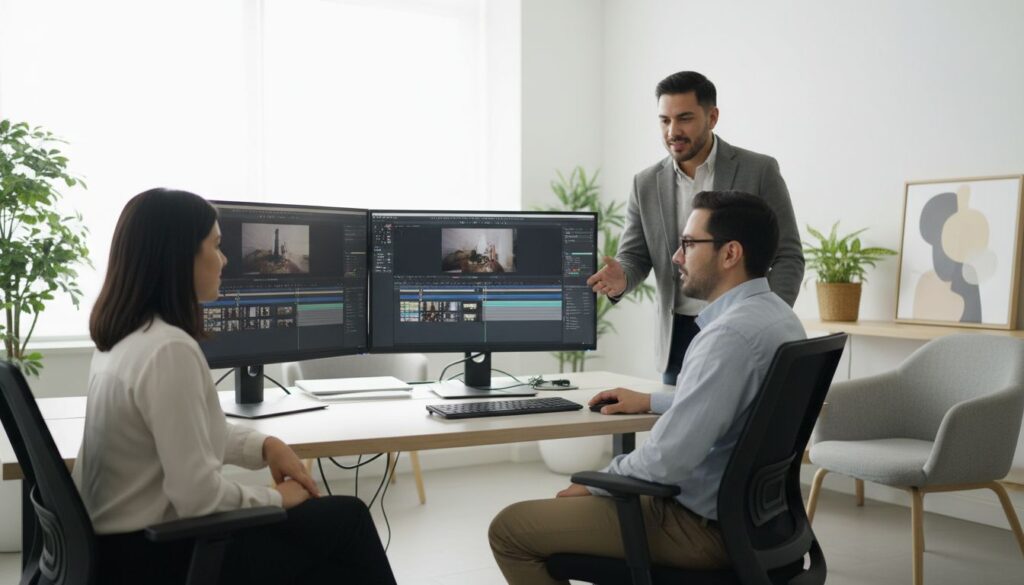 Equipo de tres personas revisando un proyecto de edición de video en una computadora de doble monitor.