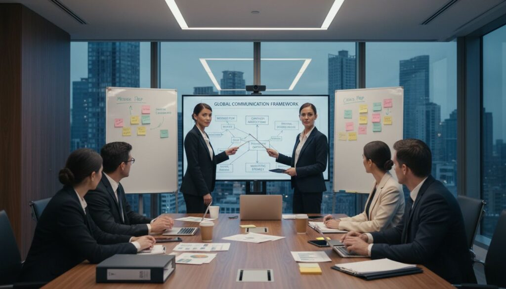 Equipo ejecutivo desarrollando una estrategia de comunicación en una empresa durante una reunión de planeación con diagramas, pantallas y materiales de trabajo.