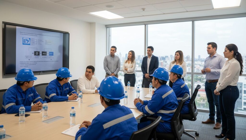 Personal nuevo viendo un video de inducción en una sala de juntas.