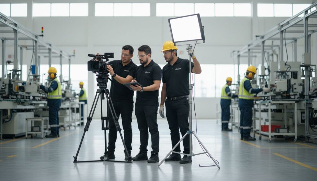 Equipo profesional grabando un video inductivo y de seguridad industrial dentro de una planta.