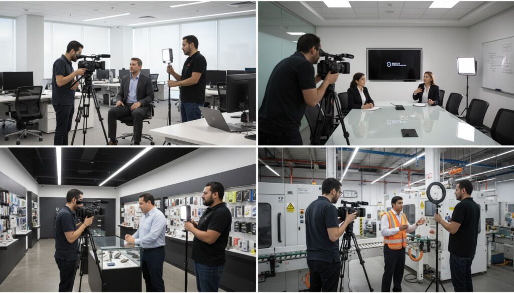 Cuatro equipos de grabación realizando videos testimoniales y casos de éxito para empresas.