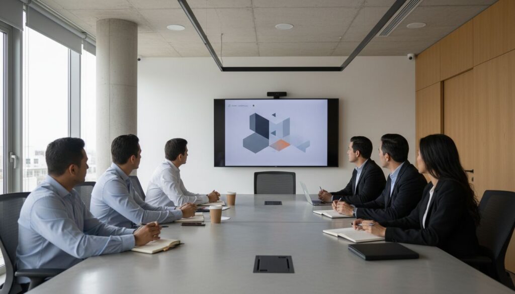 Presentación de una empresa con video en una sala de juntas.