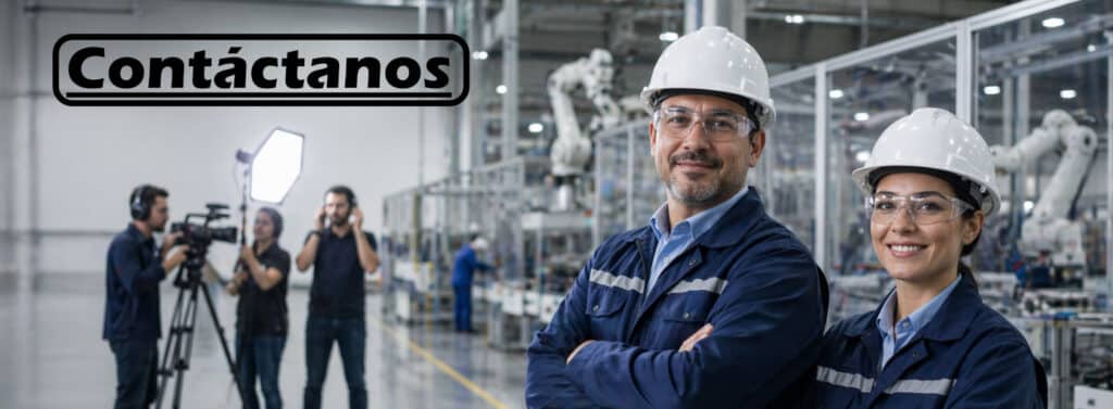 Banner de Fábrica Visual sobre producción de video corporativo para empresas en planta industrial, con dos directivos con casco en primer plano y equipo de grabación al fondo.