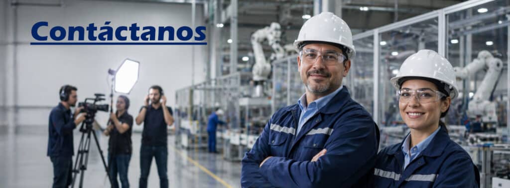 Banner de Fábrica Visual sobre producción de video corporativo para empresas en planta industrial, con dos directivos con casco en primer plano y equipo de grabación al fondo.