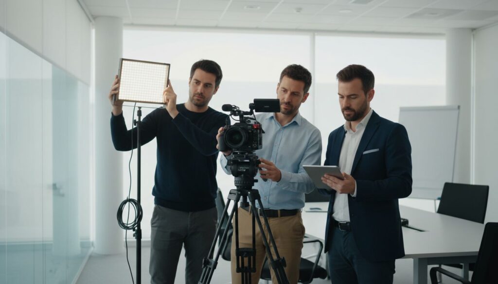 Equipo de productora de video empresarial trabajando en una grabación corporativa dentro de una oficina.