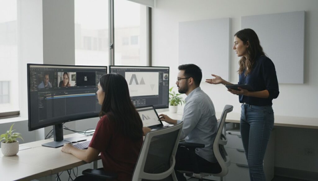 Equipo profesional desarrollando un servicio integral de diseño, edición y producción multimedia para empresas.