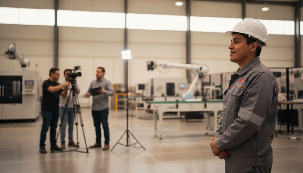 Supervisor de planta observando a un equipo de grabación durante una producción de video industrial.