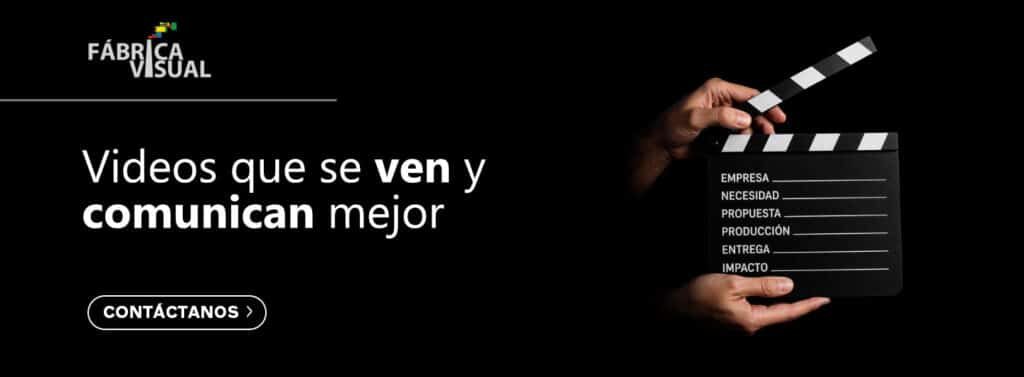 Imagen promocional de Fábrica Visual sobre producción de video corporativo y video empresarial para empresas, con claqueta, fondo negro y llamado a contacto.