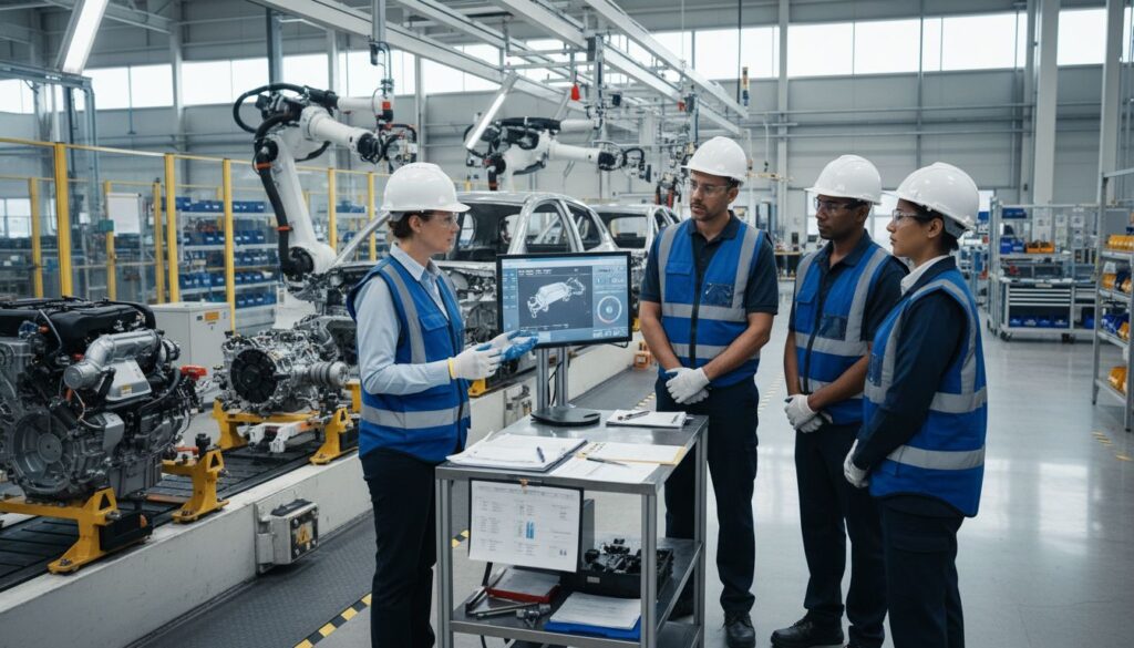 Supervisor capacitando a operadores sobre IATF 16949 y control de calidad en una planta automotriz.