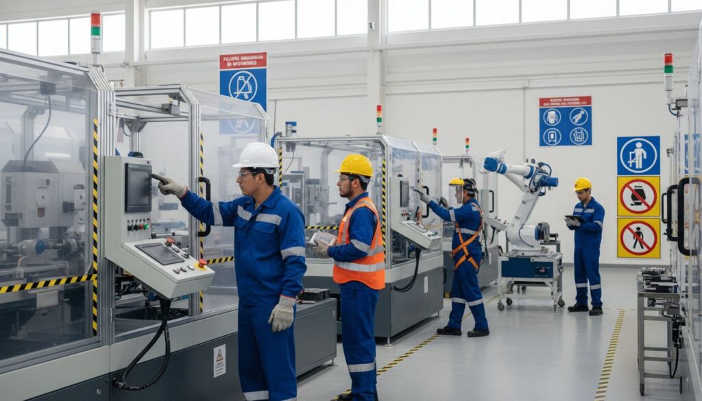 Trabajadores operando maquinaria industrial con dispositivos de seguridad conforme a la NOM-004-STPS-1999.