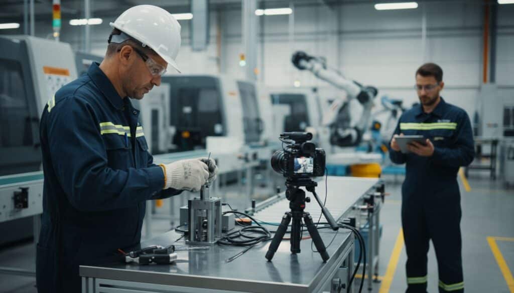 Operario experto ejecutando un procedimiento operativo estándar mientras se graba el video de SOP para capacitación en planta industrial