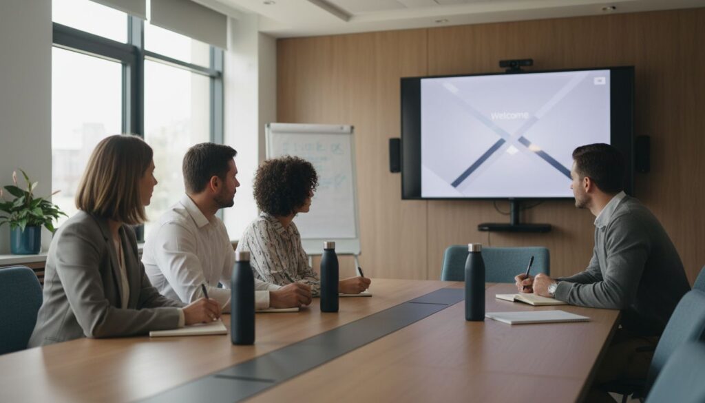 Colaboradores nuevos en sala de capacitación viendo el video de inducción corporativa estructurado en módulos durante su proceso de onboarding
