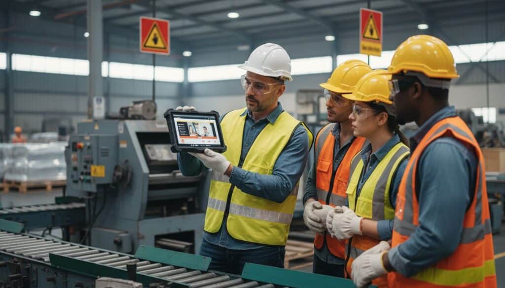 Coordinador HSE capacitando a operarios con video de seguridad e higiene industrial en planta bajo cumplimiento de la NOM-030-STPS